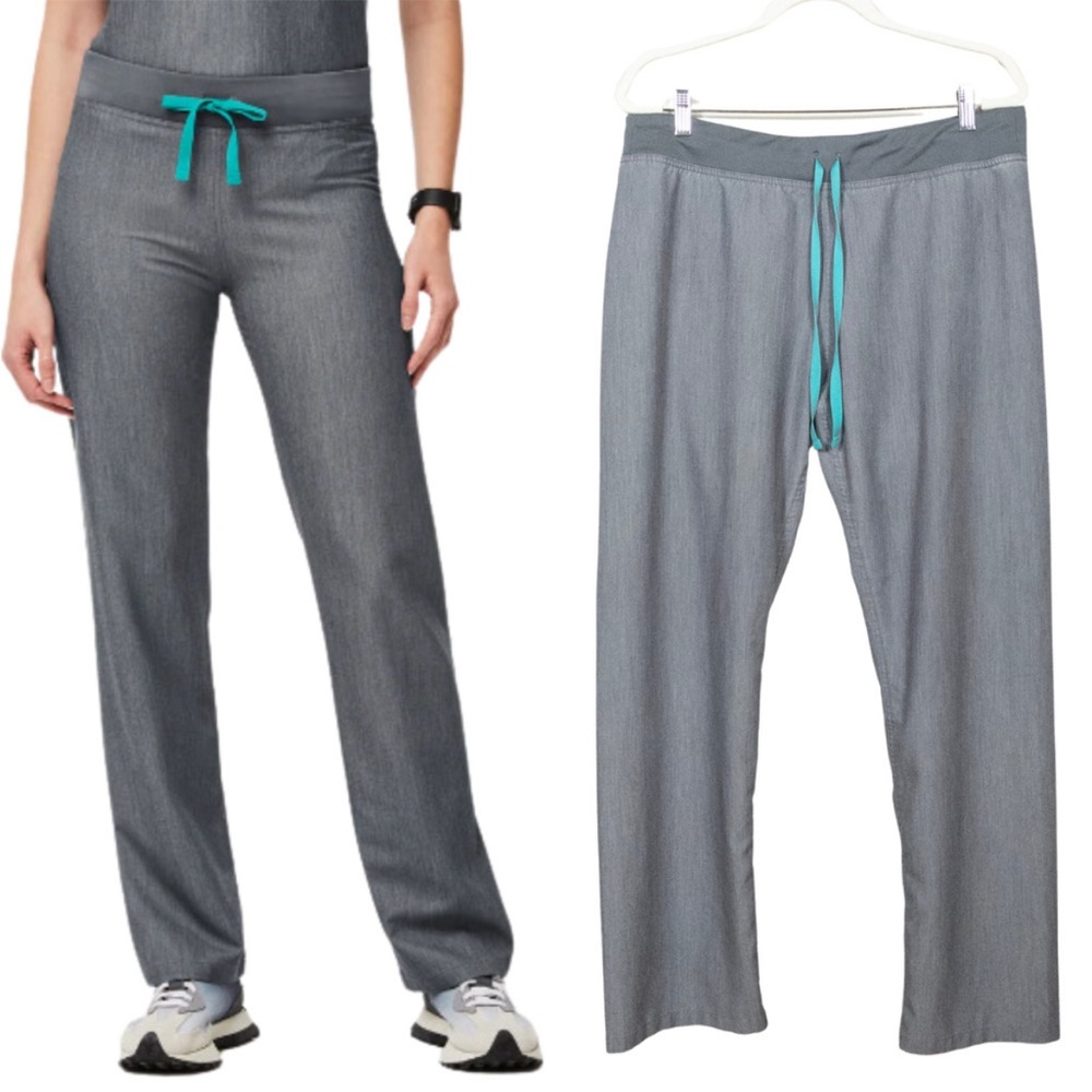 Figs Gray Pants with Teal Drawstring